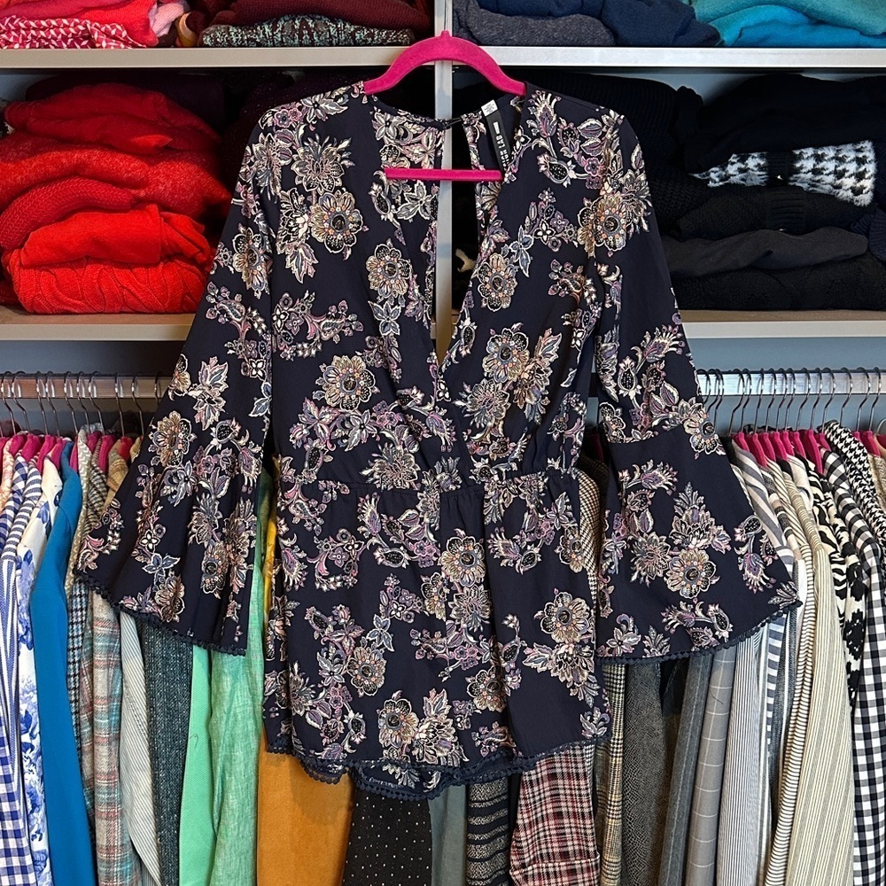 Design Lab navy/pink floral long bell sleeve v neck elastic waist romper size S